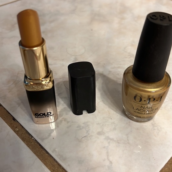 Charlotte Russ Gold sequin party dress. Gold lipstick. Gold nail Polish - Picture 5 of 9